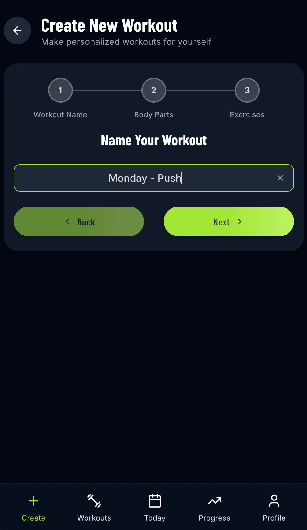 Create new workout - Step 1