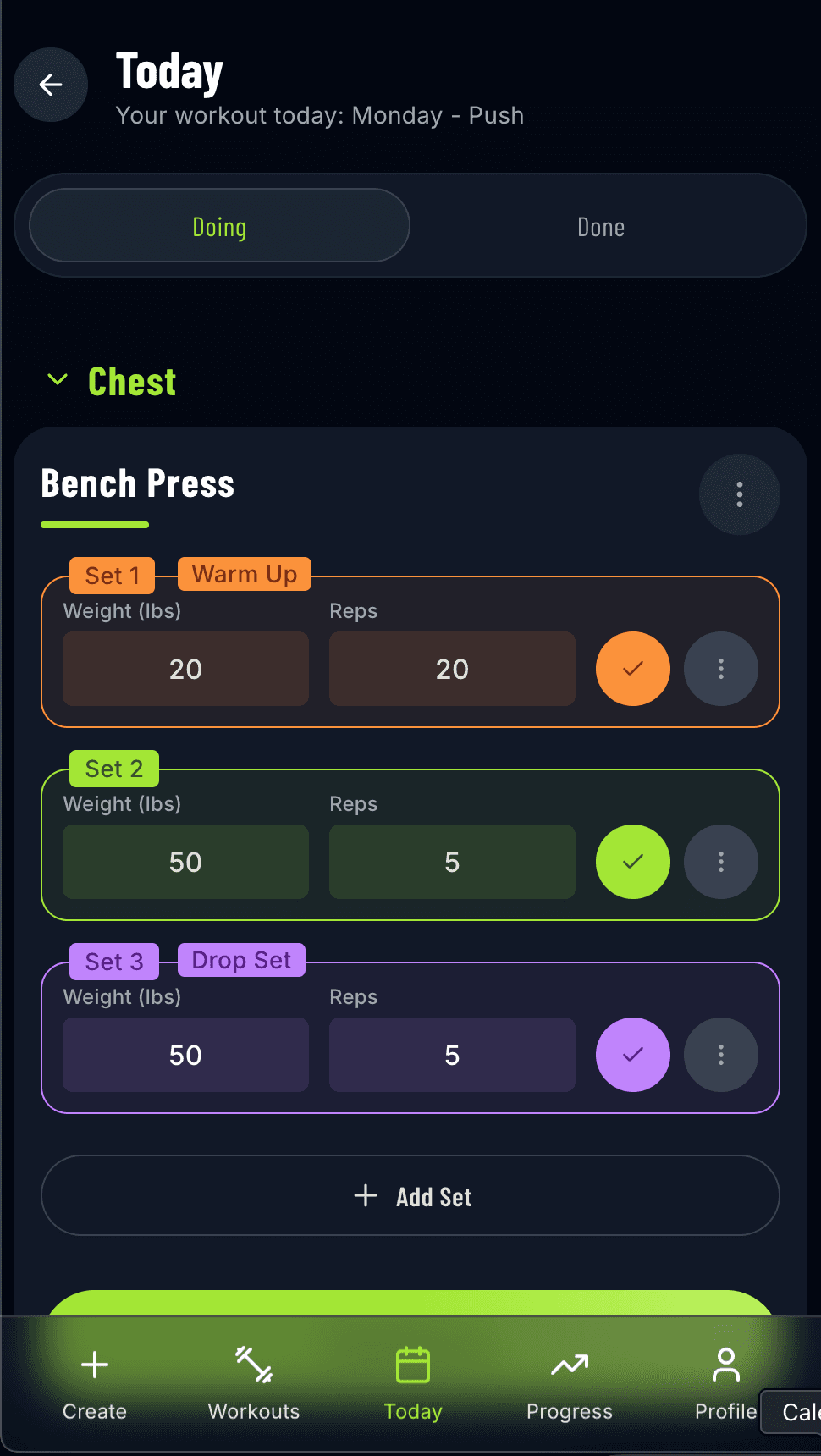 Workout tracking interface